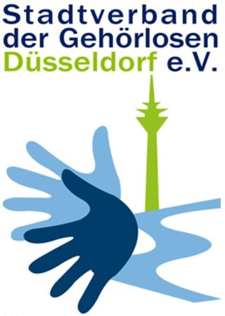 Zwei blaue Hände neben einem grünen Rheinturm und einem blauen Fluss, darüber steht geschrieben "Stadtverband der Gehörlosen Düsseldorf e.V."
