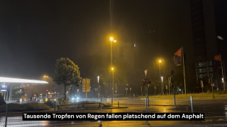 Nächtliche Straßenszene im Regen: nasser Asphalt unter Straßenlaternen, Bus an der Haltestelle, Autos mit Lichtreflexionen, wehende Flaggen, Bäume und Gebäude im Hintergrund. Untertitel: ‚Tausende Tropfen von Regen fallen platschend auf dem Asphalt‘.