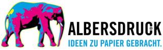 Logo Albersdruck mit buntem Elefanten und Text: "Ideen zu Papier gebracht."