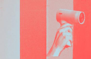 Cover of the “Fringe of the Fringe” brochure featuring four vertical stripes in soft shades of turquoise and red, as well as a hair dryer held aloft in one hand